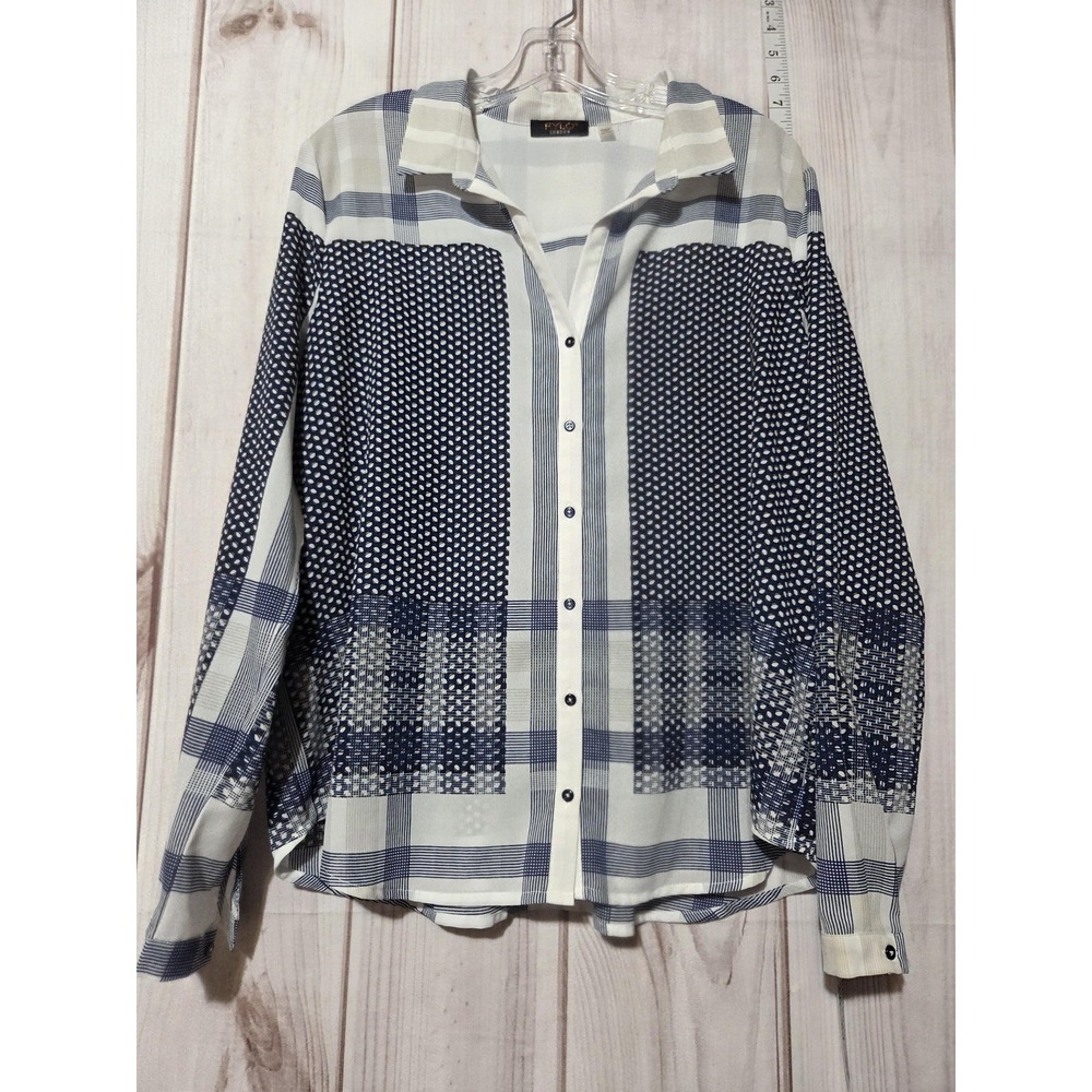 Fylo London Shirt Womens XL Blue White Plaid Chiffon Semi Sheer Button Up Top